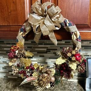 Christmas wreath ~ Smooth Vine ~ decorated with Gold picks & Ribbon